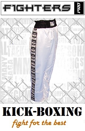FIGHT-FIT - Pantaloni da Kickboxing / Raso / Bianco / Medium