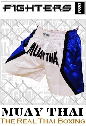 FIGHTERS - Shorts de Muay Thai / Blanc-Bleu / Medium