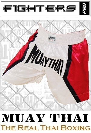 FIGHTERS - Shorts de Muay Thai / Blanc-Rouge / Large